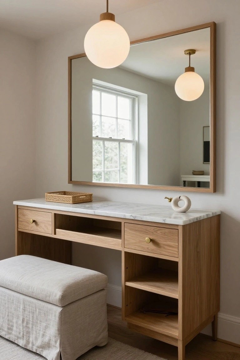 Light oak wood vanity table with marble top, woven basket, white stone sculpture, large framed mirror above, two white globe pendant lamps, and linen-covered stool in a beige room with window.