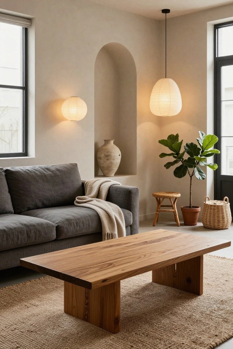 A living room corner with a gray linen sofa, wooden coffee table on a jute rug, tall fiddle leaf fig plant in a terracotta pot, large terracotta vase on a niche shelf, rattan stool and basket, and paper lantern lamps including a hanging one and wall-mounted ones, against beige walls with black-framed windows.