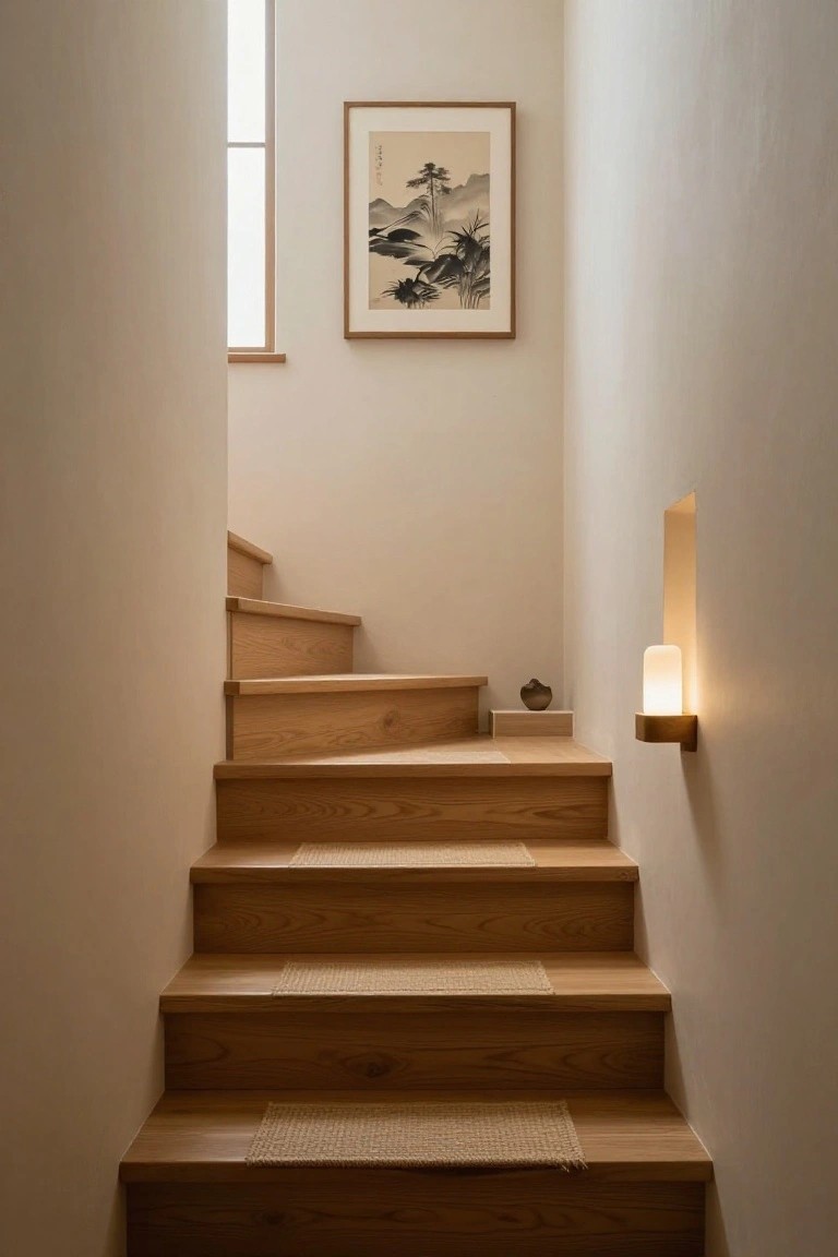Wooden staircase with seagrass runners in a white interior, featuring a niche with a small ceramic vase on a shelf and a frosted cylindrical wall lamp mounted on wood, beside an ink landscape painting and a window.