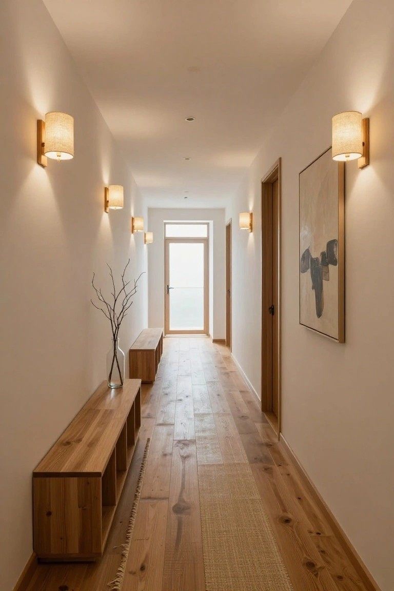 Wall Sconces Light a Long Hallway