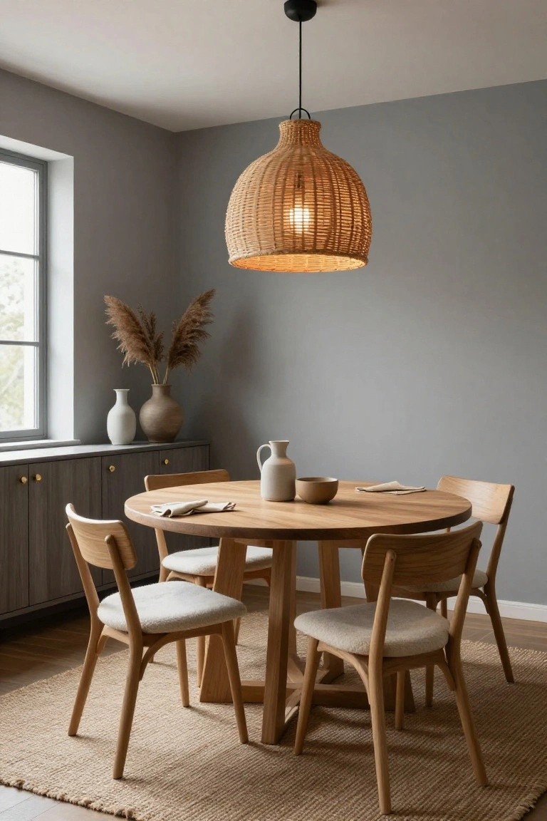 Gray-walled dining room with round wooden table, four upholstered oak chairs, woven rattan pendant lamp overhead, sideboard holding ceramic vases and pampas grass, next to a window.
