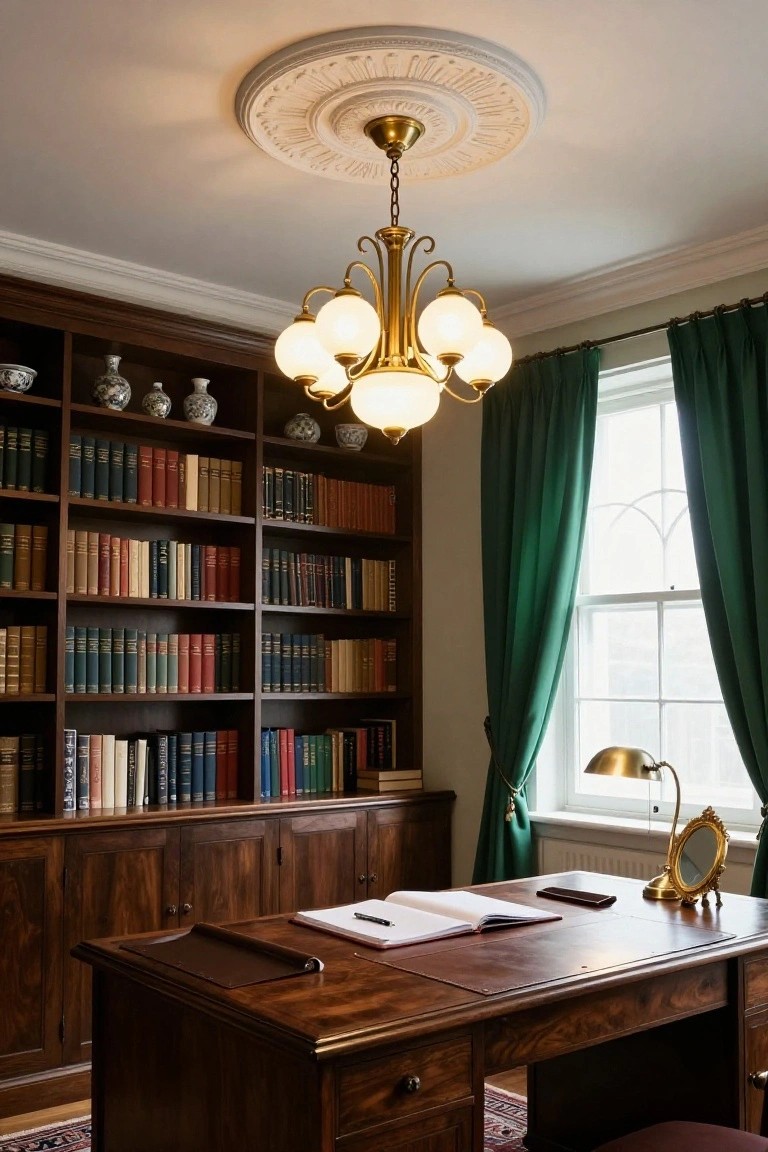 Wood-paneled library interior with floor-to-ceiling bookshelves, wooden desk topped with leather blotter and open notebook, brass desk lamp, gold-framed mirror, green drapes on window, and brass chandelier with five globes hanging from ceiling rose.