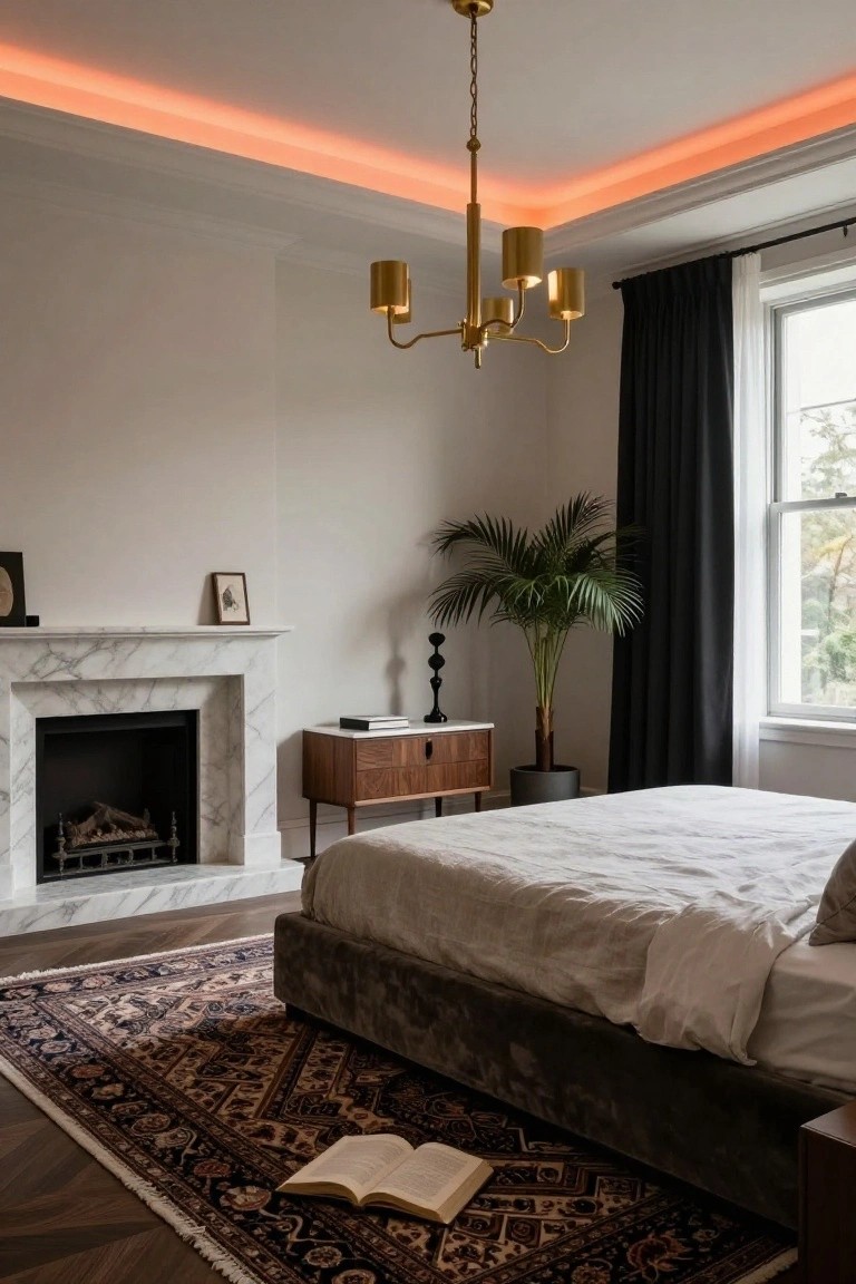 Bedroom with white walls, marble fireplace, wood side table, potted palm, low velvet bed on Persian rug, open book on floor, gold chandelier, black curtains at window, and red LED strip lighting in ceiling cove.