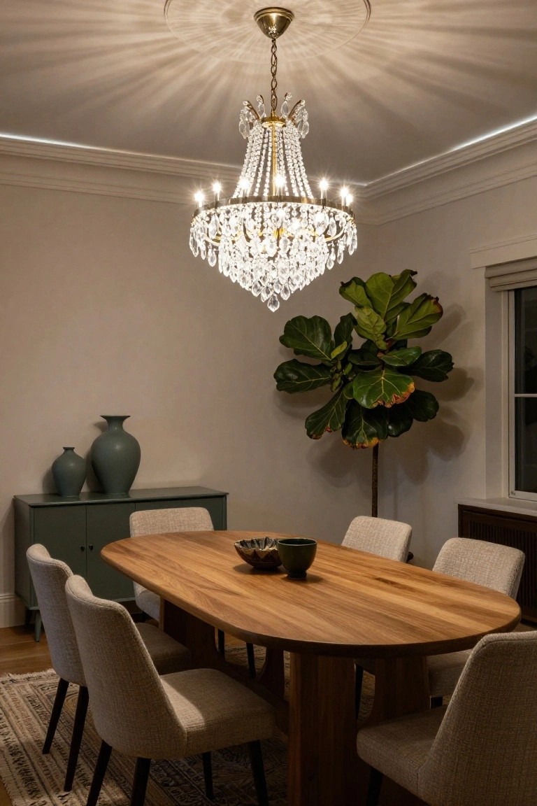 Dining room with a tiered crystal chandelier centered over an oval wooden table flanked by beige upholstered chairs, a green sideboard holding two ceramic vases, a small bowl on the table, and a tall fiddle leaf fig plant by the window.
