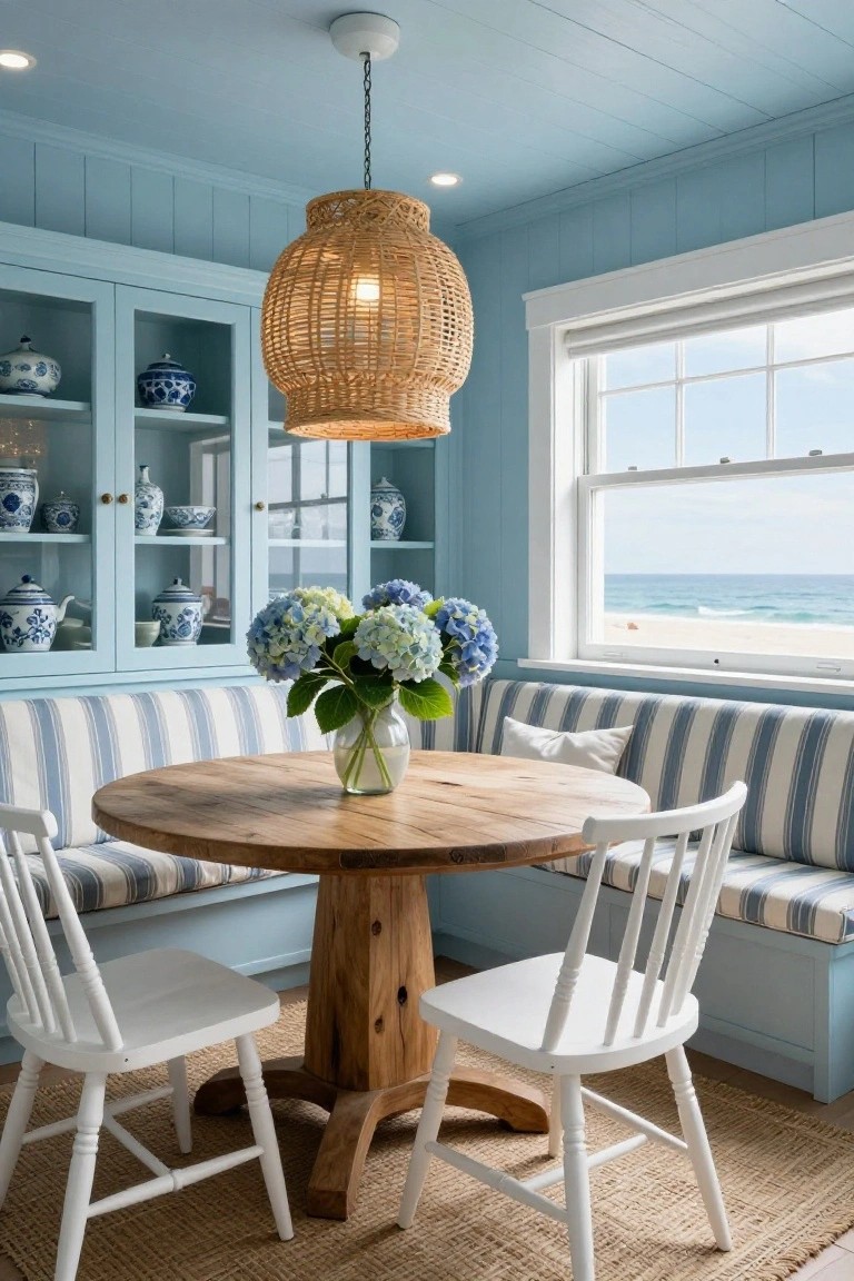 Interior photo of a coastal dining nook featuring a round wooden pedestal table with white wooden chairs and a blue built-in bench with striped cushions, surrounded by blue cabinets displaying blue-and-white porcelain, a large hanging woven rattan pendant light, and a window with ocean view.
