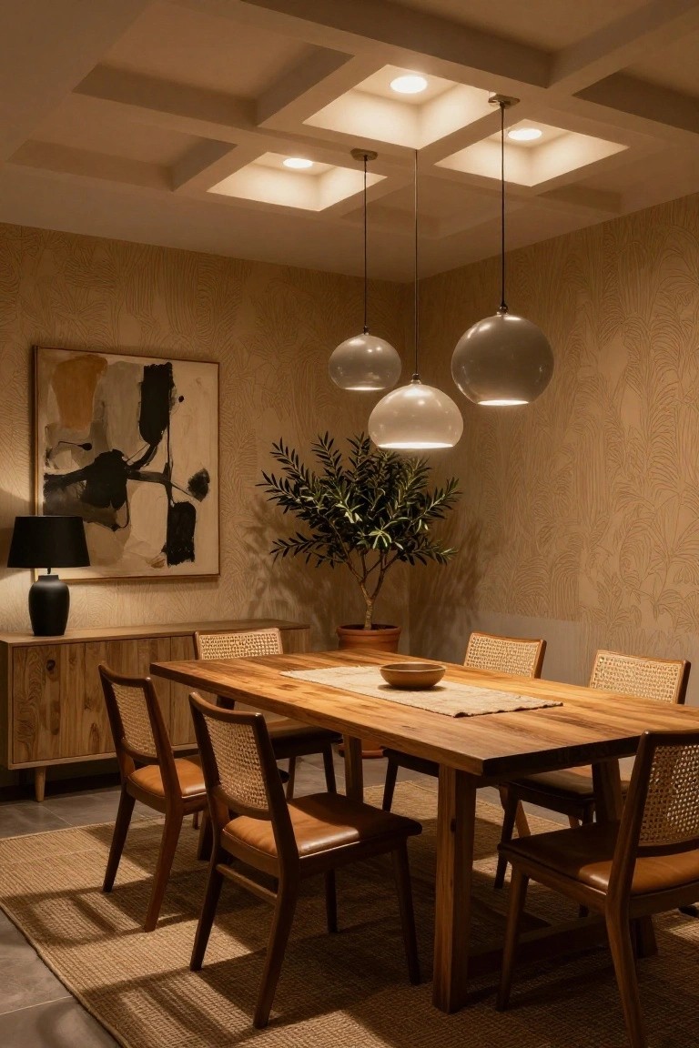 Dining room featuring a wooden table with rattan and leather chairs, wooden sideboard, abstract wall art, potted olive tree, and ceiling lit by recessed lights in squared panels plus three hanging white globe pendants.