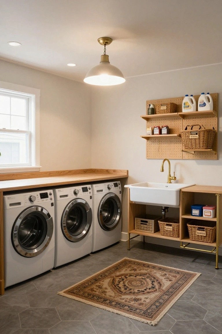 Laundry room interior with three white front-loading washers and dryers under a wooden countertop and sink, pegboard wall storage with baskets and bottles, hexagonal gray floor tiles, a woven rug, and a large white-shaded brass pendant light hanging from the ceiling.