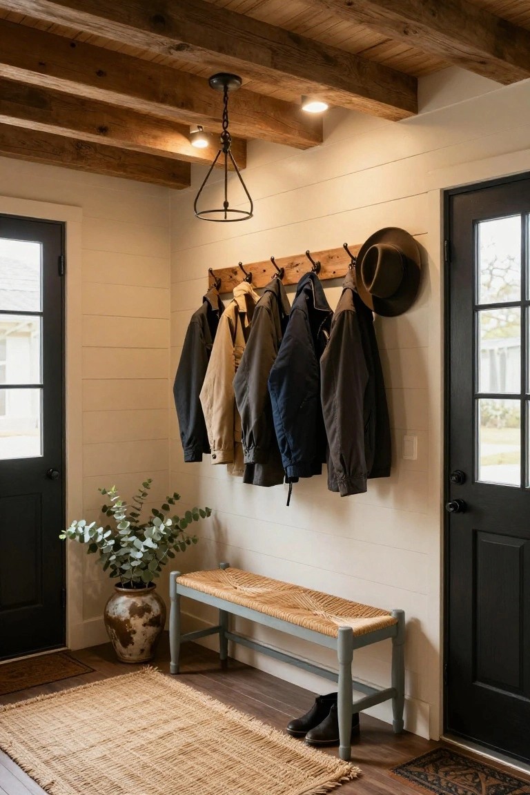 Entryway interior with exposed wooden beam ceiling, hanging black metal pendant light, recessed ceiling light, wooden coat hooks holding jackets and a hat, potted eucalyptus plant, woven bench, seagrass rug, and black-paneled doors.
