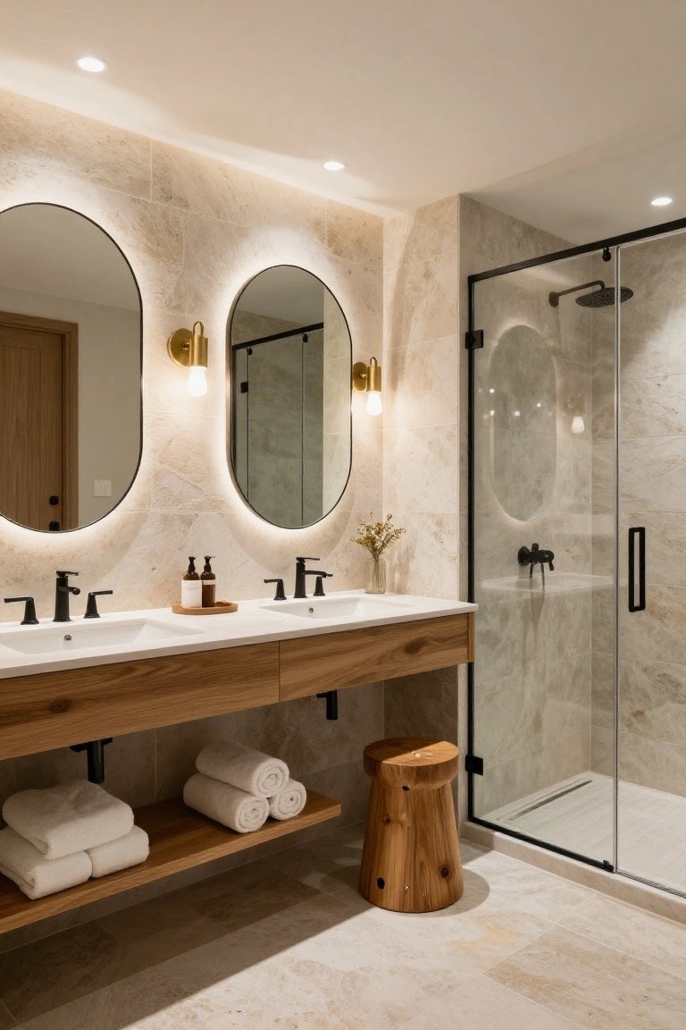 Bathroom interior featuring a double white oak vanity with black faucets, two oval backlit mirrors flanked by gold sconces, stacked white towels on shelves below, a glass shower enclosure, beige marble-look tiles, and multiple recessed ceiling lights.