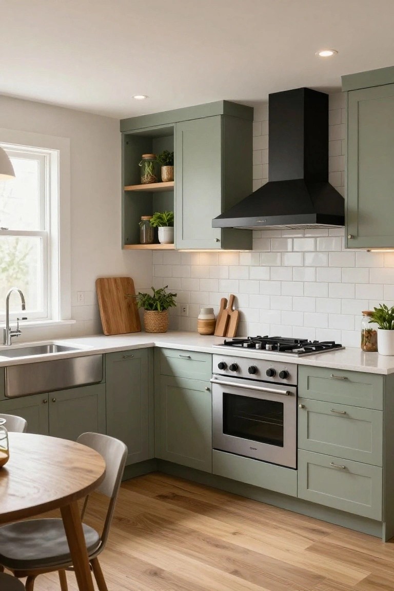 Modern L-shaped kitchen with sage green cabinets, white subway tile backsplash, stainless steel farmhouse sink and range, wooden table with chairs, plants and utensils on quartz counters, and multiple recessed ceiling lights.