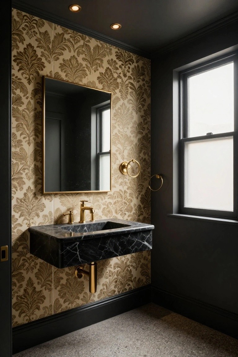 Small bathroom interior with ornate beige wallpaper on walls, black marble floating sink with gold faucet, gold-framed mirror, gold towel ring, frosted window, black ceiling and trim, and four recessed ceiling lights.