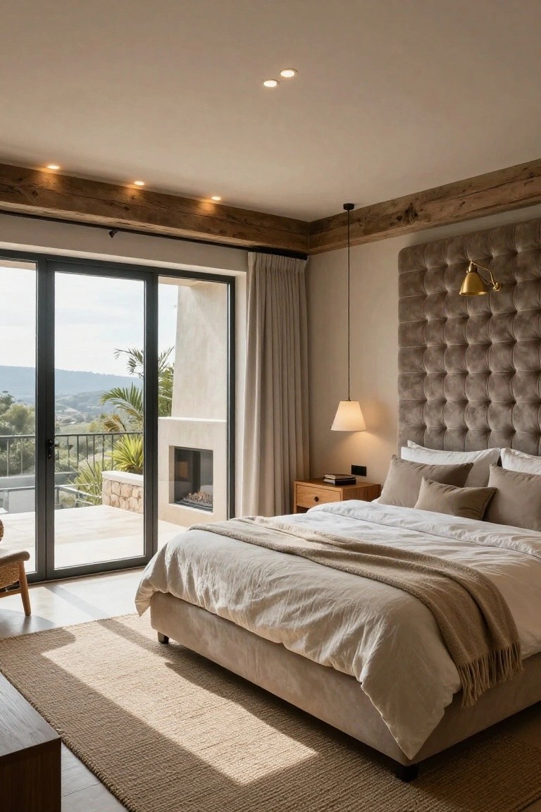 A sunlit bedroom with beige tufted headboard and bed draped in light linens, wooden ceiling beams embedded with recessed lights, sliding glass doors open to a terrace balcony overlooking hills and palms, bedside lamp, and a stone fireplace.