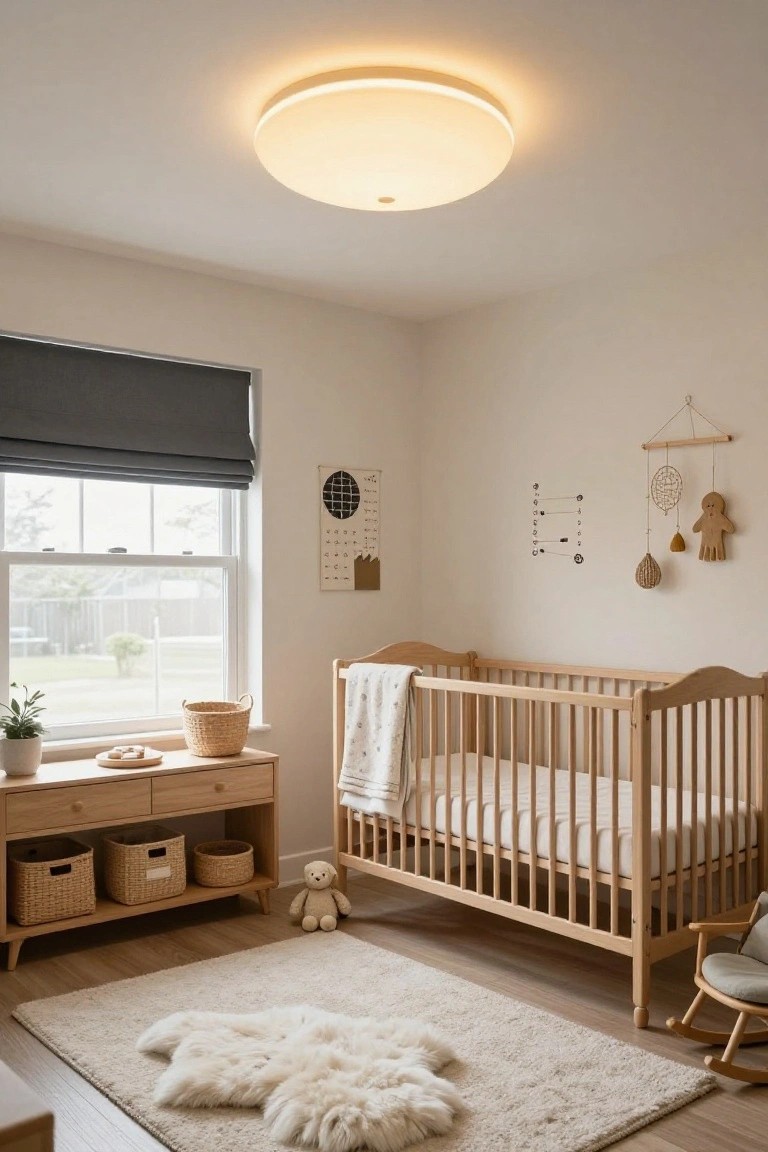 A nursery room with light wood crib, dresser with baskets, rocking chair, fluffy white sheepskin rug on beige carpet, window with gray shades, and a round flush-mount ceiling light emitting warm yellow glow.