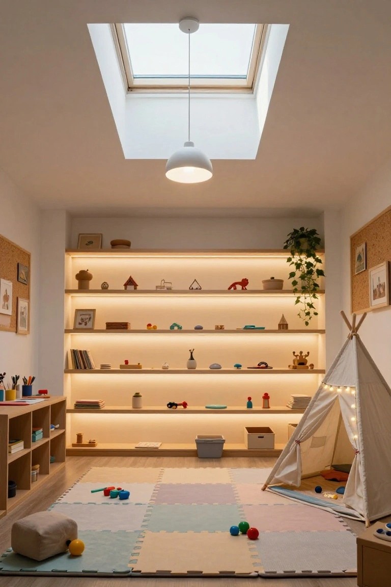 Children's playroom with skylight ceiling and hanging white pendant light, wooden shelves lit by warm LED strips holding toys and books, a white play tent, and colorful foam floor mats.