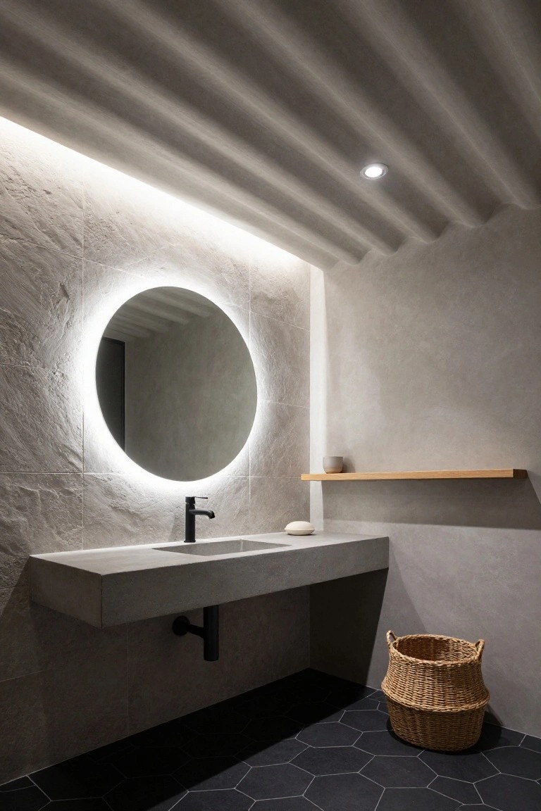 Modern bathroom interior featuring gray stone-look tiled walls, a round mirror with edge lighting, floating concrete sink with black faucet, wooden wall shelf with soap dish, wicker basket on black hexagonal tile floor, and LED strip lighting glowing along wavy ceiling edges.
