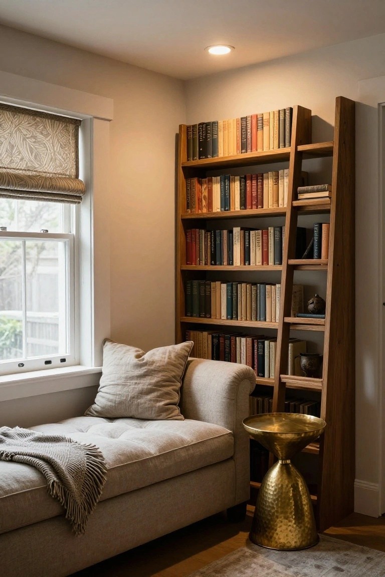 Interior corner of a room with tall wooden ladder bookshelves filled with books, a beige chaise lounge with pillows and throw, gold hammered side table, patterned window shade, and a single recessed ceiling light.