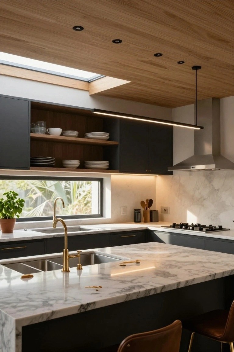Kitchen interior featuring a high timber ceiling with recessed downlights, a linear pendant light, skylight, dark cabinets, marble countertops, gold faucet, and window with plants outside.