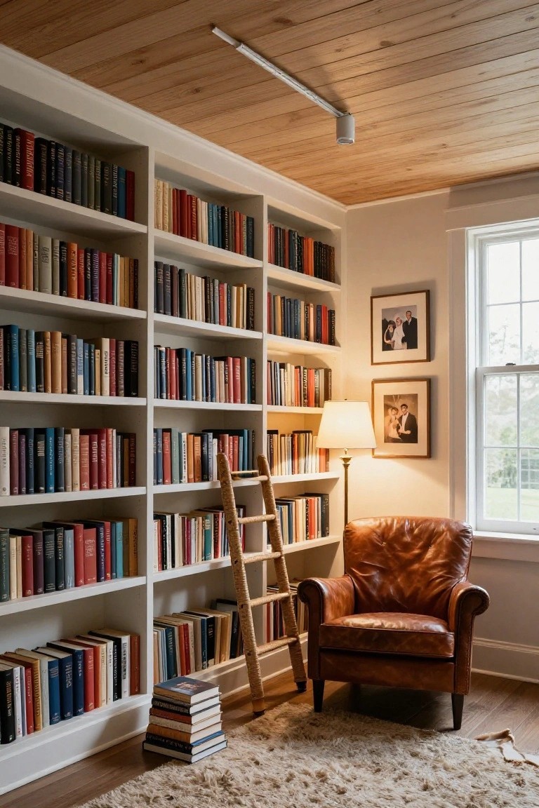 Corner of a home library with white floor-to-ceiling bookshelves filled with books, wooden ladder against shelves, brown leather armchair on white rug, brass table lamp, framed photos near window with natural light, and track lighting with spotlight on wood plank ceiling.