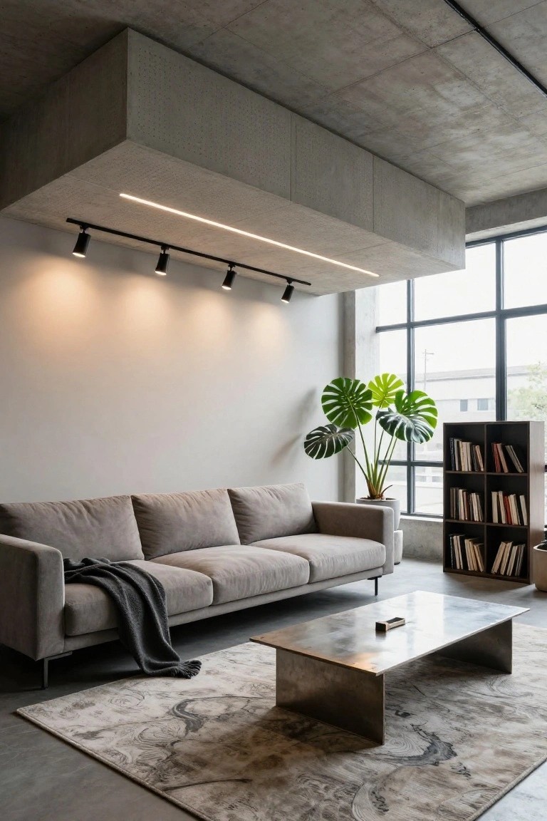 Modern living room featuring exposed concrete ceiling with protruding concrete panel edged in LED strip light, track-mounted spotlights, gray sofa with throw blanket, monstera plant, wooden bookshelves, brushed metal coffee table, and light rug on concrete floor.