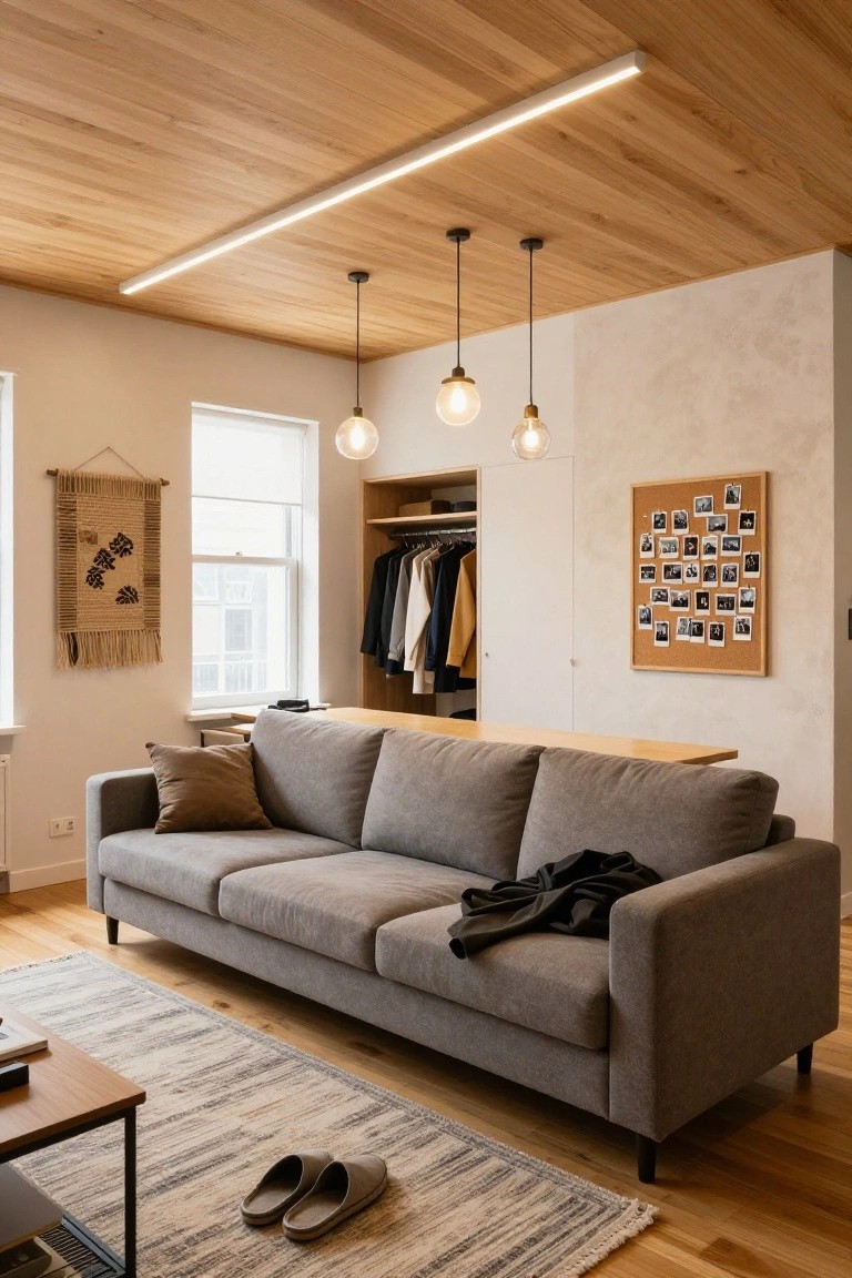 Light wood ceiling in a living room with recessed linear LED strip lighting and three hanging white globe pendants, gray three-seat sofa, open wardrobe with clothes, corkboard photo display, and beige rug on wood floors.