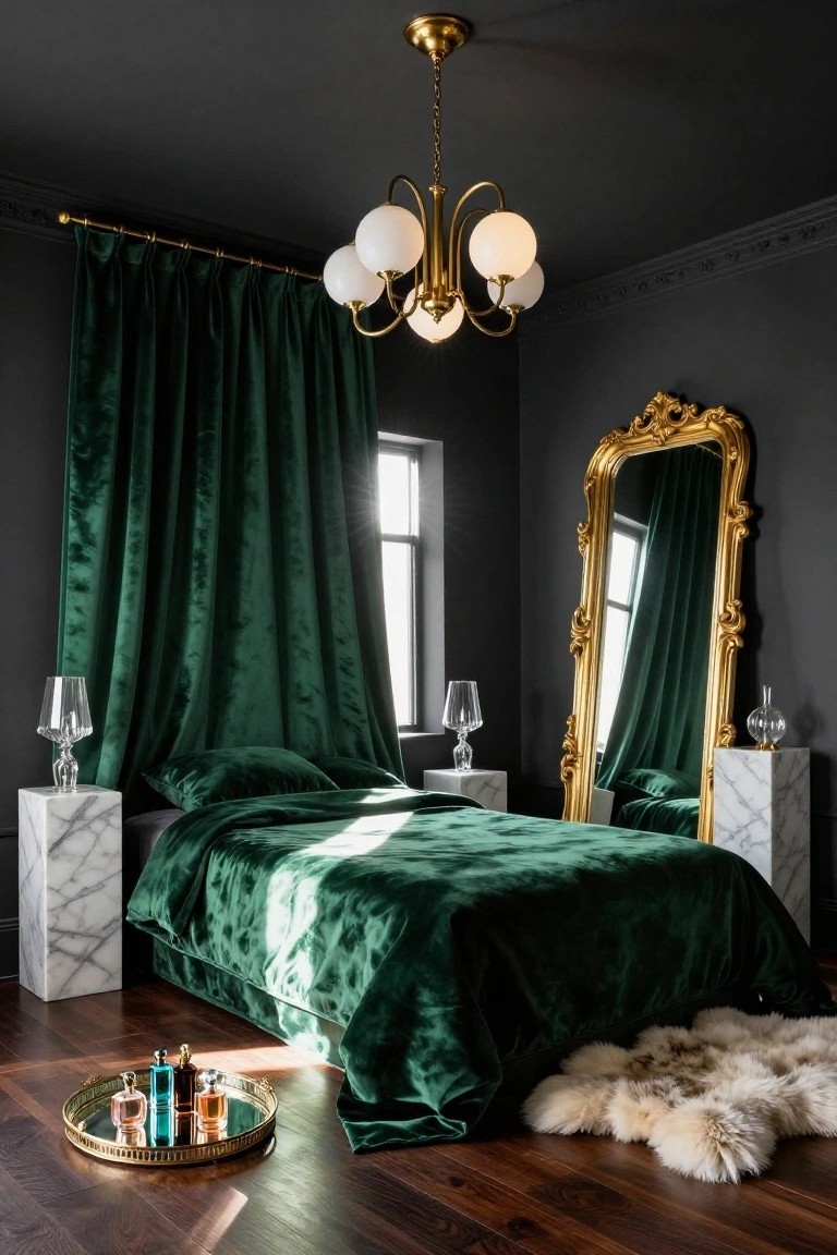 Bedroom interior with dark gray walls, heavy emerald green velvet curtains and bedding on a platform bed, brass five-light chandelier with white globe shades, ornate gold mirror, marble pedestals with lamps, gold tray with perfume bottles on wood floor, and sheepskin rug.