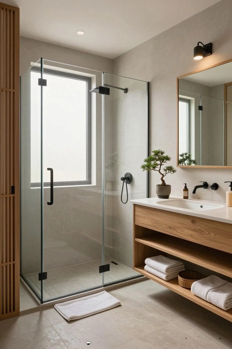 Modern bathroom with frameless glass shower enclosure beside wooden slat panel, floating oak vanity holding bonsai plant and towels on open shelf below, white sink, black faucet and shower hardware, gray tile walls and floor.