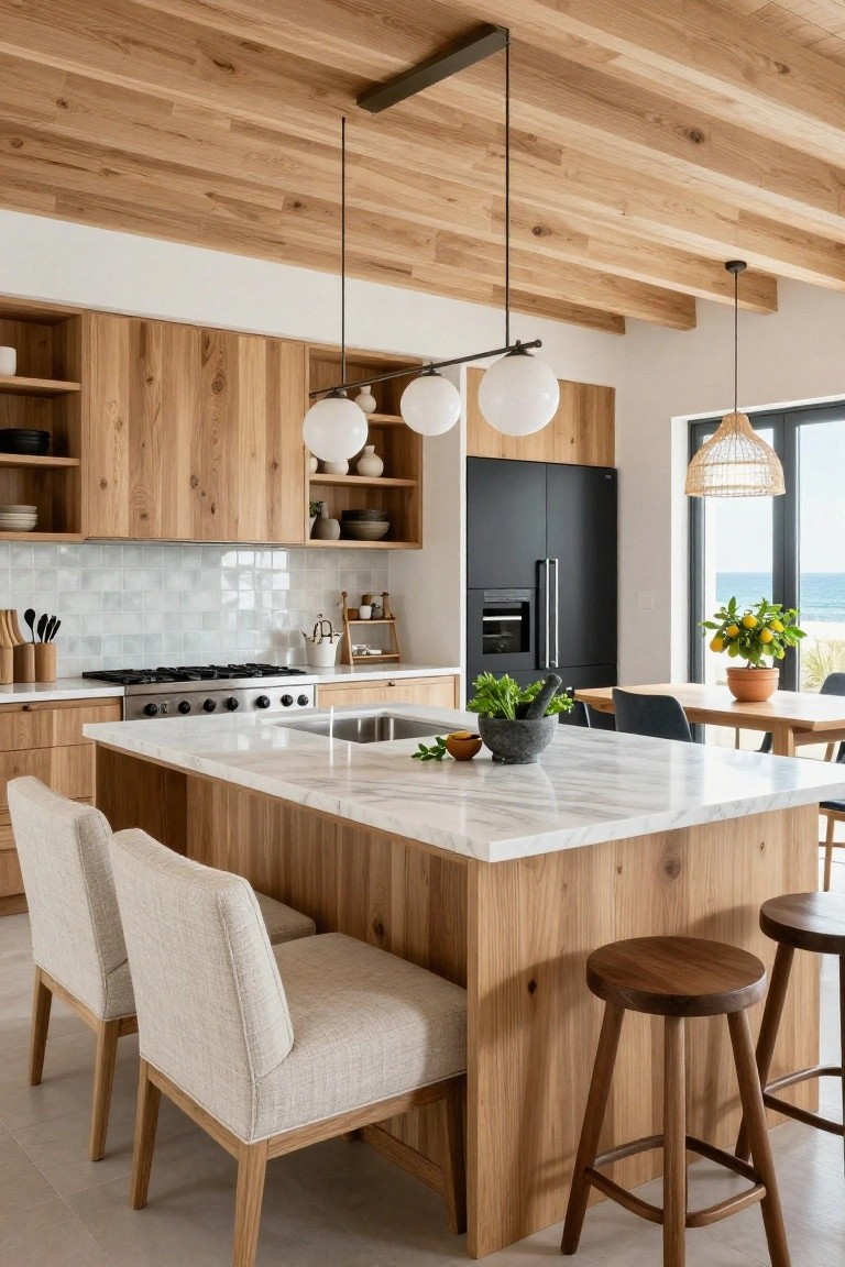 Kitchen with vaulted wood beam ceiling, triple white globe pendant lights hanging over marble-topped wood island, oak cabinets, black refrigerator, and large windows overlooking ocean.