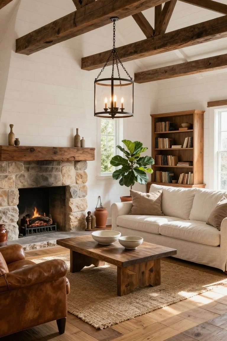 Living room with high exposed wood beam ceiling, black chain-hung lantern chandelier with four lit candles, stone fireplace, white slipcovered sofa, tan leather armchair, wooden coffee table, bookshelves, and potted plants.