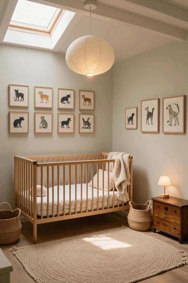 Nursery interior with light gray walls, wooden crib with white bedding and throw blanket, hanging white paper lantern pendant light from high ceiling with skylight, framed black line drawings of animals on walls, wooden dresser, wicker baskets, and beige seagrass rug on wood floor.