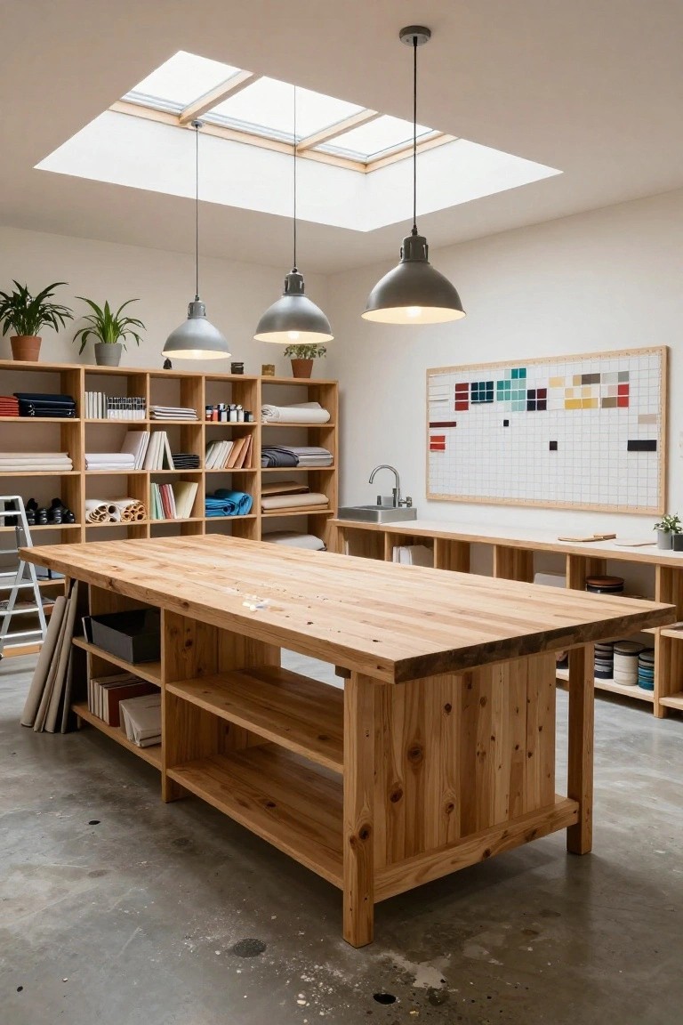 Workshop interior with high ceiling featuring skylights, three hanging gray pendant lights over a large wooden workbench, wooden shelves stocked with fabrics and books, a sink counter, and a colorful grid board on the wall, polished concrete floor.