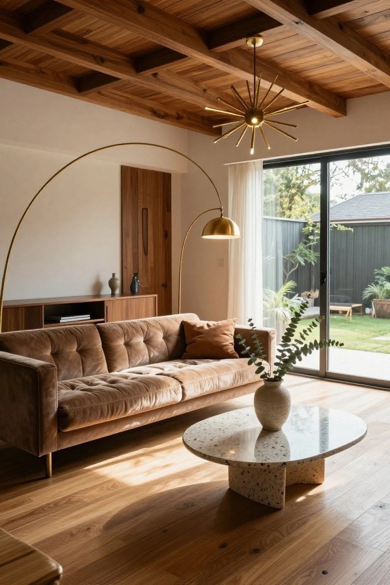 Living room featuring a wooden beamed cathedral ceiling with a gold starburst chandelier, arched gold floor lamp with shade, brown tufted sofa, terrazzo coffee table with vase, wood media cabinet, and sliding glass doors to backyard garden.
