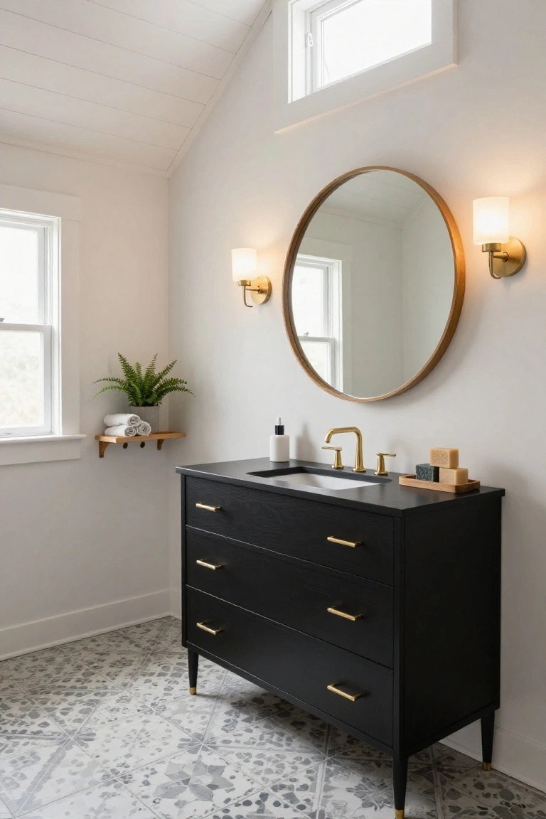 A bathroom with vaulted white shiplap ceiling, large round mirror flanked by two gold wall sconces, black three-drawer vanity with gold handles and sink, wood shelf holding towels and plant, and gray patterned tile floor.