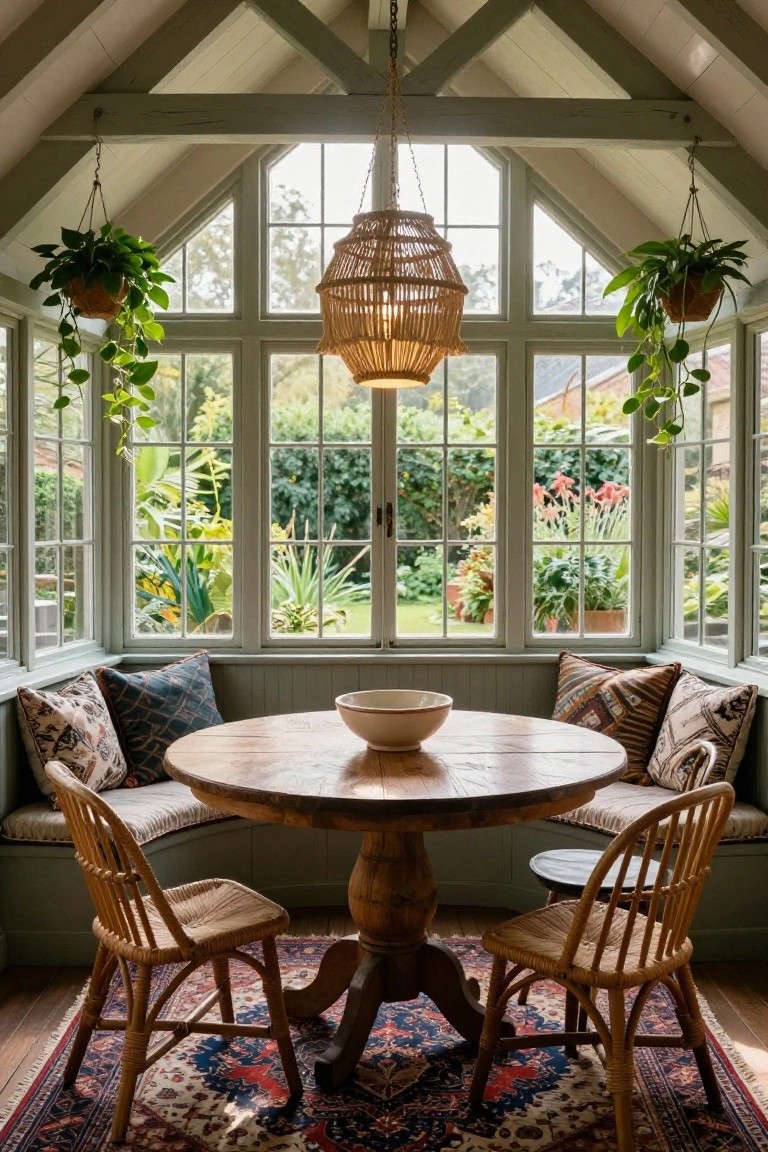Sunroom nook with cathedral ceiling featuring exposed beams and a hanging rattan pendant light over a round wooden table, flanked by bench seating with cushions, wooden chairs, potted plants, and large windows overlooking a garden.