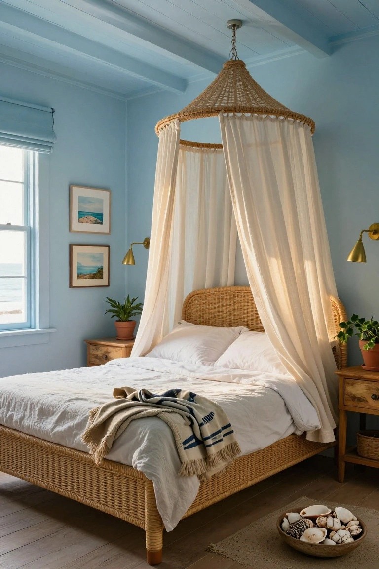 Bedroom interior with light blue painted ceiling and beams, large woven rattan pendant light hanging over rattan canopy bed draped in white sheer curtains, brass wall sconces, wooden nightstands with potted plants, ocean view window, and seashells on the floor.
