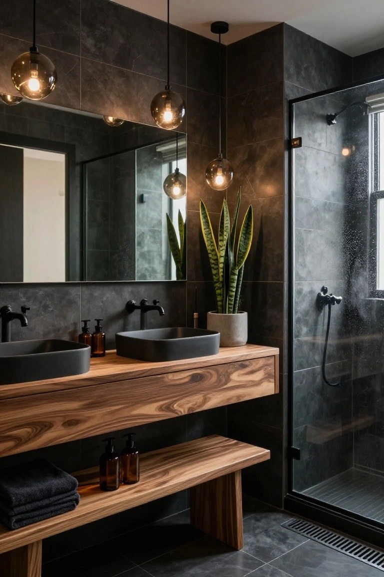 Modern bathroom with dark gray tile walls and floor, wooden double vanity holding two black vessel sinks, multiple hanging smoked black glass pendant lights, potted snake plant, black towels on a bench, and glass shower enclosure.