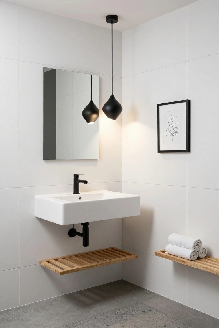 Corner bathroom featuring white rectangular tiles, wall-mounted white sink with black faucet and drain, two hanging black teardrop pendant lights, rectangular mirror, black-framed abstract line drawing, floating wooden slatted shelves holding rolled white towels, and polished concrete floor.