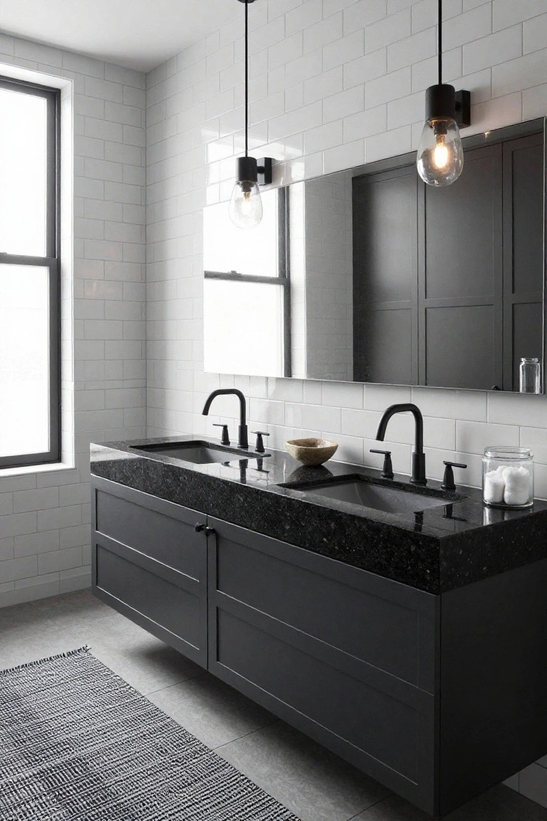 Modern bathroom interior with floating dark gray vanity, black granite countertop, two undermount sinks, black faucets, large frameless mirror, white subway tile walls, three black pendant lights hanging above the sinks, and a black-framed window.