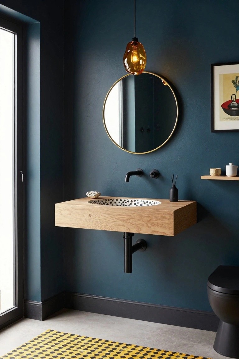 Navy blue bathroom with floating oak vanity and spotted sink, black faucet and toilet, gold round mirror, amber blown glass pendant light overhead, small shelf with ceramics, and yellow black checkered rug on concrete floor.