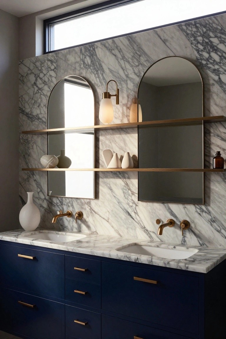 Modern bathroom vanity with navy cabinets, white marble walls and countertop, two integrated white sinks, arched brass mirrors with shelves holding white ceramics and a glass bottle, and brass wall lights with white glass shades mounted above the mirrors.