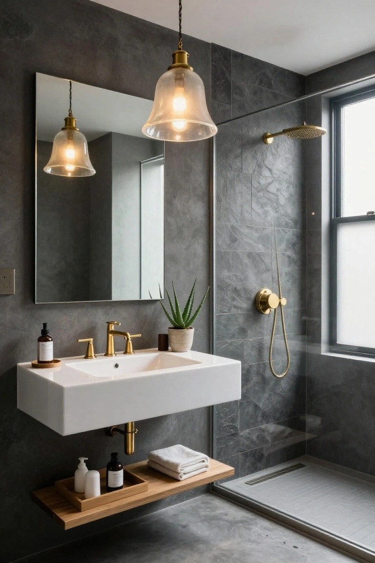 Modern bathroom featuring gray textured wall tiles, a white floating vanity sink with gold faucet, hanging clear glass pendant lights with brass fittings, a rainfall showerhead, and a potted aloe plant.