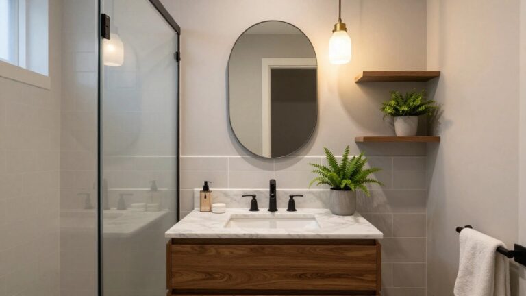 Modern bathroom featuring a walnut vanity with marble countertop and undermount sink, large round black-framed mirror, two white globe pendant lights, glass shower enclosure with black fixtures, fern plant, and light gray subway tile walls.