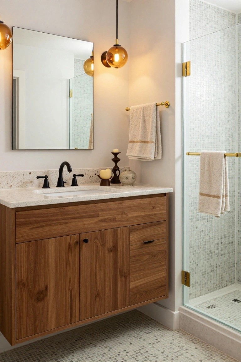 Modern bathroom with floating wood vanity, white undermount sink, matte black faucet, two amber glass globe pendant lights, beige towels on gold towel bars, candles and vase on counter, and glass shower enclosure with white mosaic tile walls and floor.
