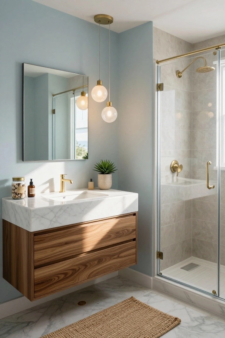 Modern bathroom with light blue walls, floating wooden vanity topped with white marble, three hanging gold globe pendant lights above the sink, round mirror, potted plant, and glass shower enclosure with brass fixtures on gray tile floor.