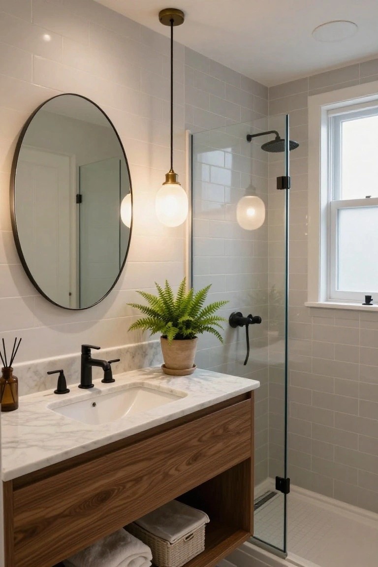 Modern bathroom featuring a walnut vanity with marble countertop and undermount sink, large round black-framed mirror, two white globe pendant lights, glass shower enclosure with black fixtures, fern plant, and light gray subway tile walls.