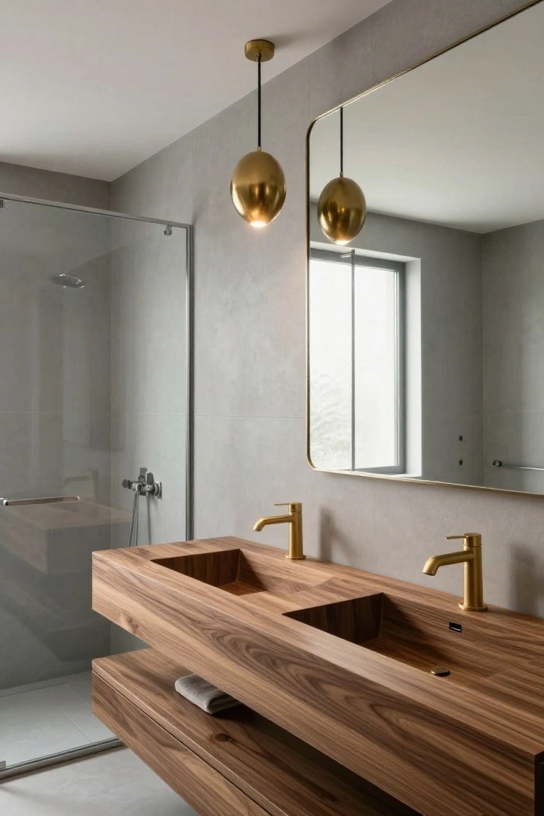 Modern bathroom with two hanging gold orb pendant lights above a floating wooden double vanity with integrated sinks, large gold-framed mirror on gray wall, and glass shower enclosure.
