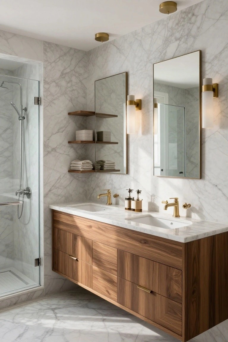 Modern bathroom interior featuring white marble walls and floor, floating walnut double vanity with two white sinks and gold faucets, glass shower enclosure, two large rectangular mirrors flanked by pairs of white cylindrical sconces on gold mounts, and wooden shelves with towels.