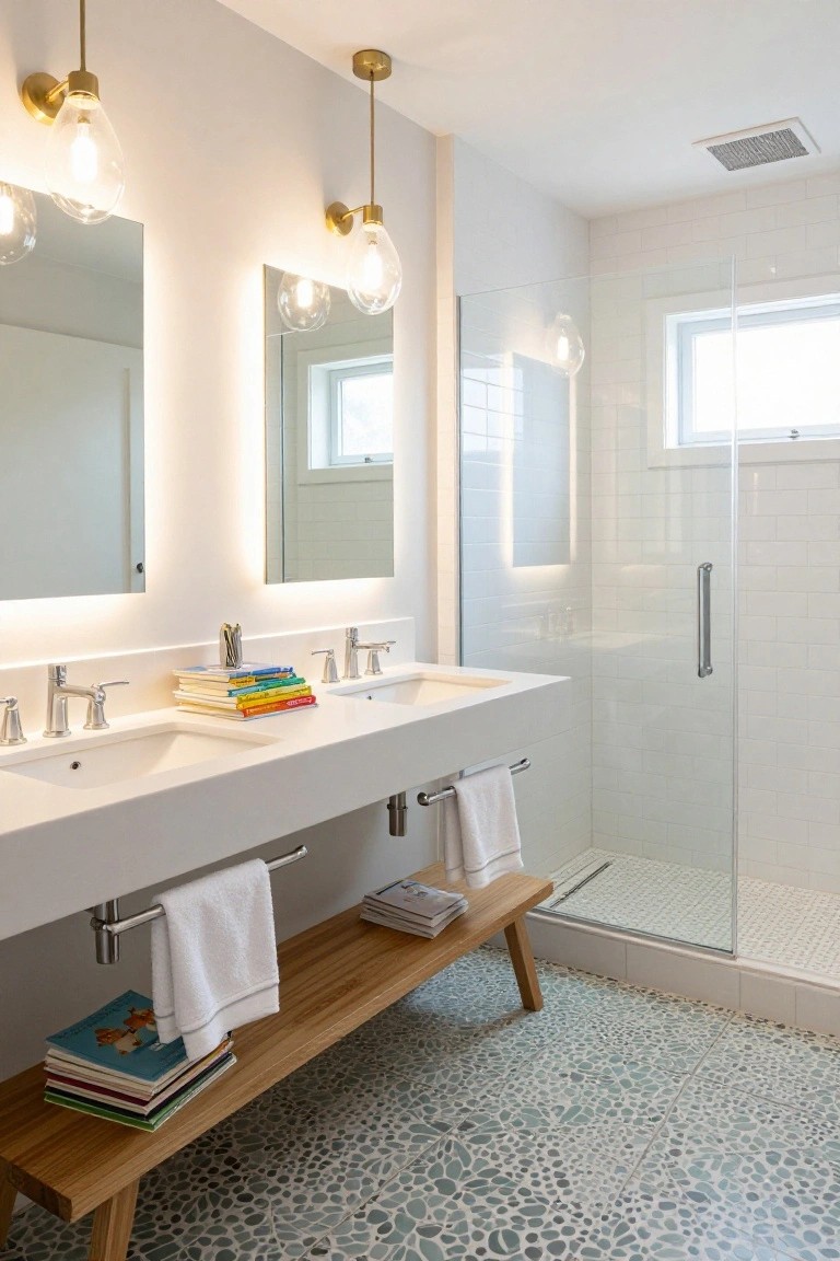 Bathroom with double white sinks on a quartz vanity, multiple gold teardrop pendant lights hanging from the ceiling and walls, backlit mirrors, glass shower enclosure, wooden bench, and green pebble tile floor.