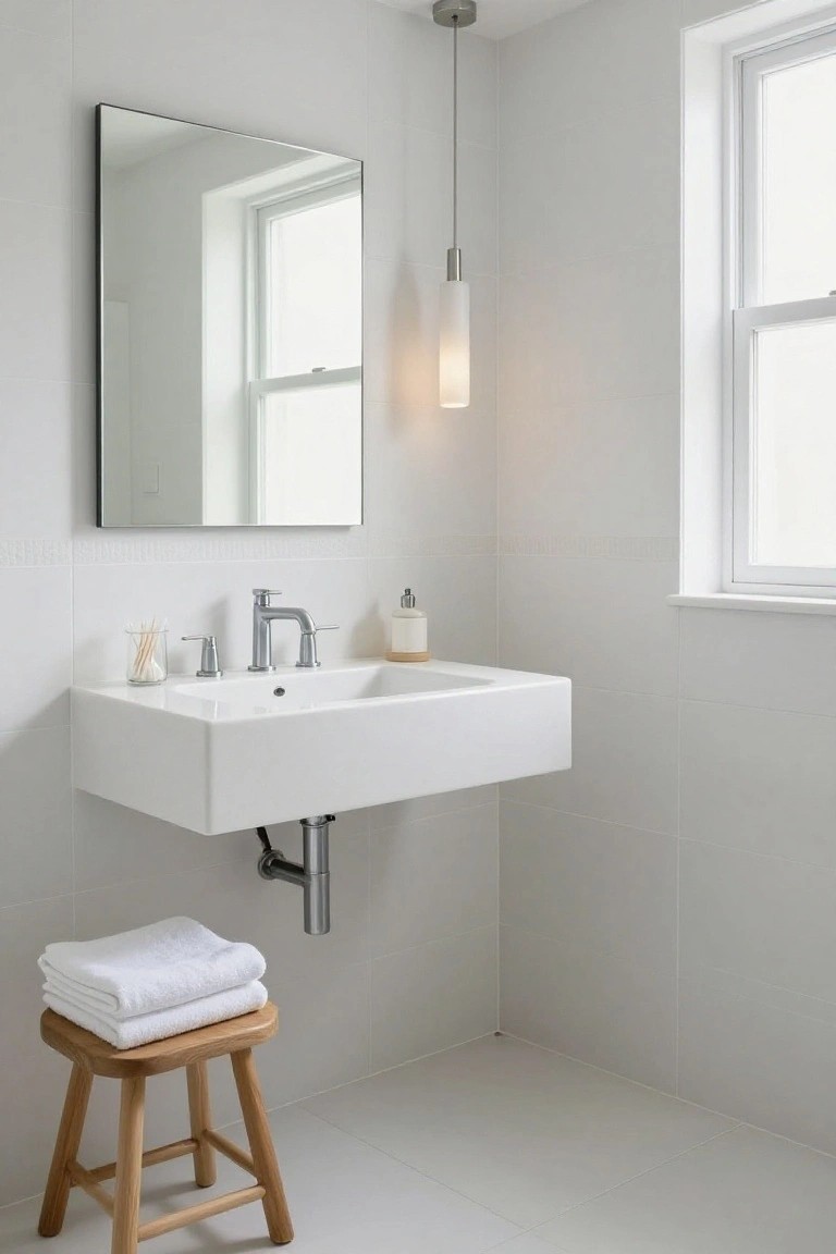 White minimalist bathroom with wall-mounted sink, chrome faucet, rectangular frameless mirror, single frosted glass pendant light hanging from ceiling, small wooden stool holding folded towels, and window.