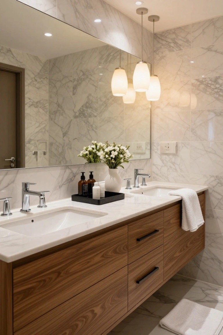 Modern bathroom with floating wooden double vanity topped in white marble, two undermount sinks with chrome faucets, large wall mirror, white flowers in vase, black tray with bottles, three white glass pendant lights hanging above, marble walls and floor.