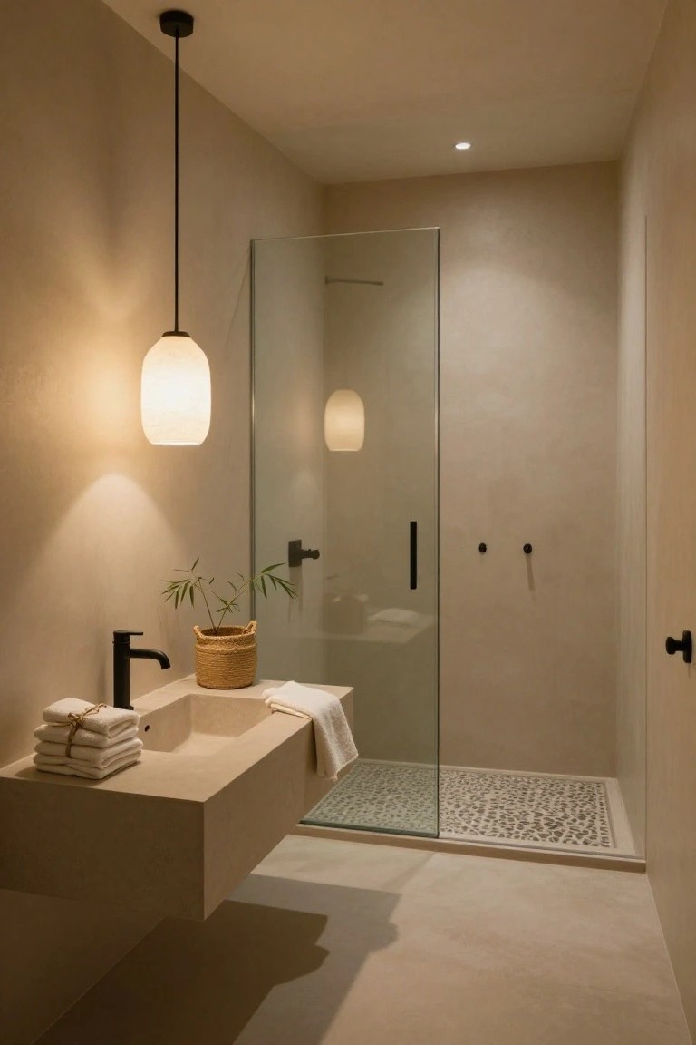 Modern bathroom featuring a floating beige stone vanity with black faucet, stacked white towels tied with string, woven basket with plant, glass shower with pebble tile floor, and white fabric pendant light suspended above the sink against textured beige walls and floor.
